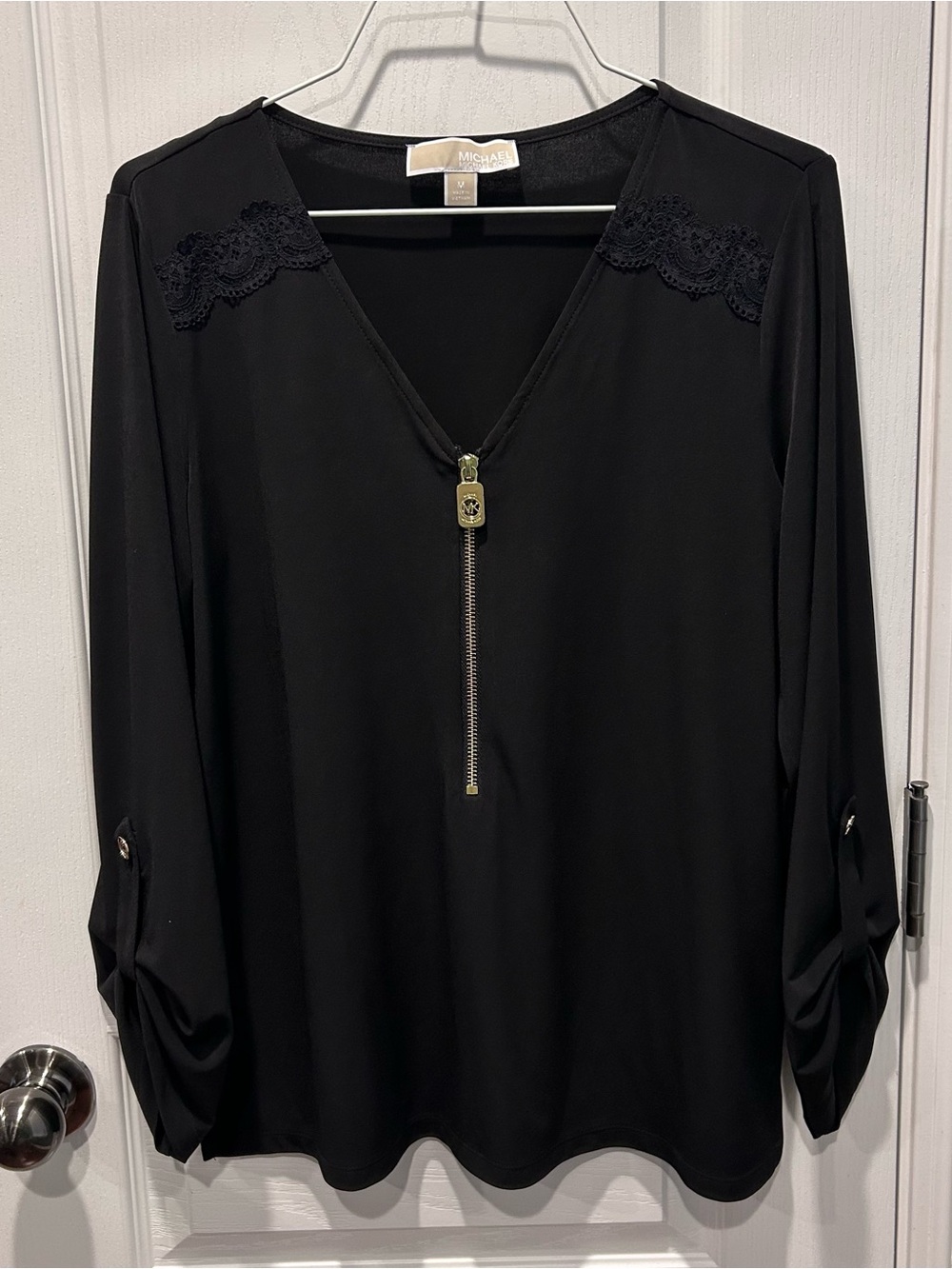 Michael Kors Women's Slinky 3/4 Sleeve Gold Detail Zip Front Black Size MD Top